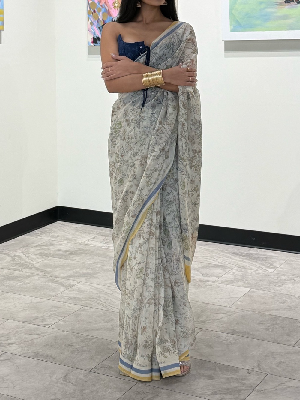 Lightweight Vintage Floral Print Pastel Indian Saree with Fall